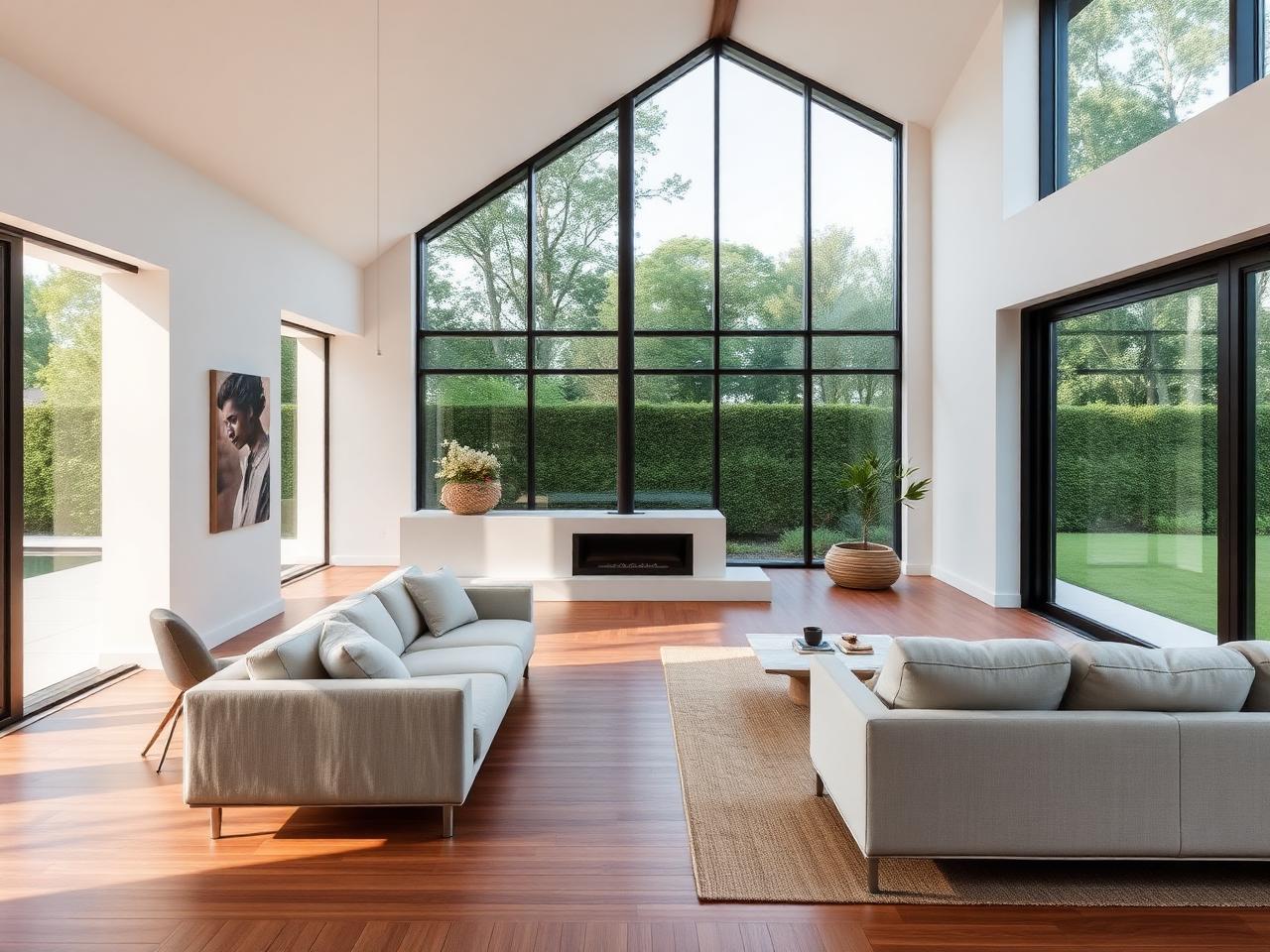 Open-plan villa interior with natural light and warm wood finishes