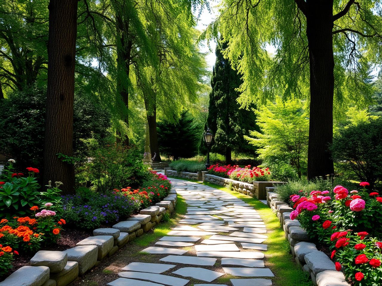 Stone walking trail winding through landscaped gardens at dusk